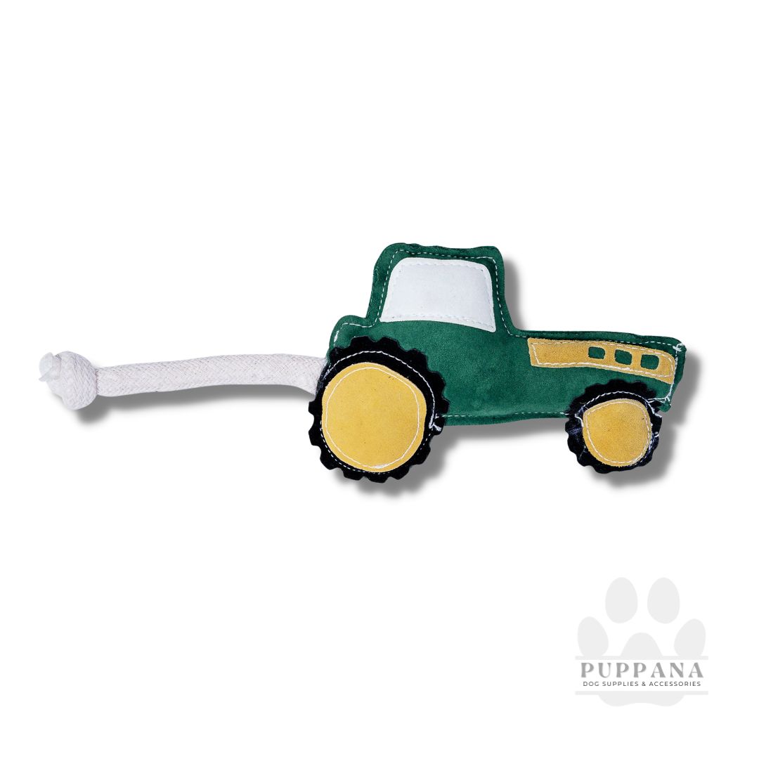 Eco-Friendly Vegan Leather Green Tractor Dog Chew Toy