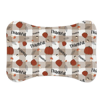 Bone Shape Feeding Mat Thankful Autumn Pumpkins And Tan Check, Mat For Dog Bowls, Thanksgiving Holiday Mat