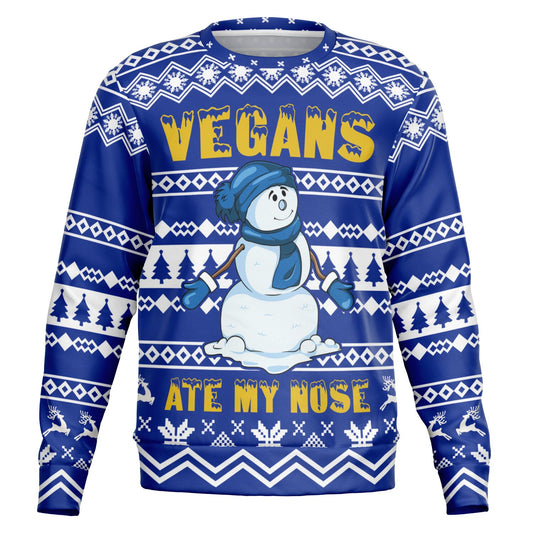 Holiday Ugly Christmas Sweater Sweatshirt Snowman VEGANS ATE MY NOSE