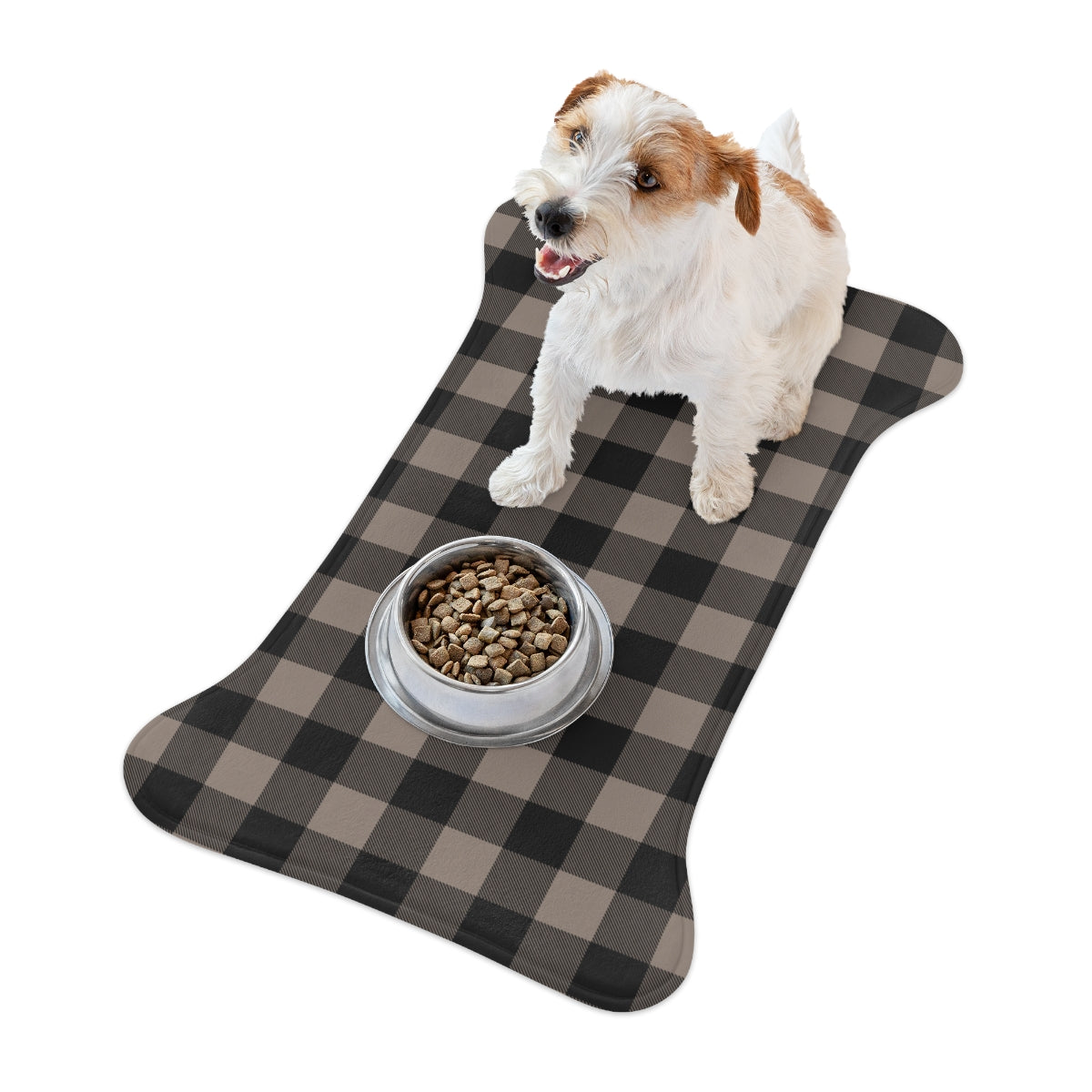 Bone Shape Feeding Mat Taupe And Black Buffalo Plaid, Mat For Dog Bowls, Dog Placemat, Brown Check