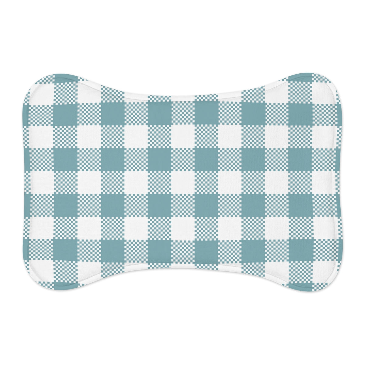 Bone Shape Feeding Mat Light Aqua Blue Buffalo Plaid, Mat For Dog Bowls, Dog Placemat, Blue Check