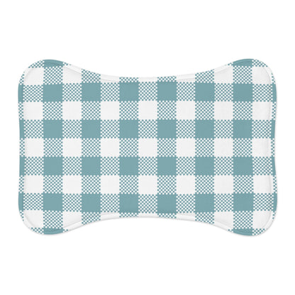 Bone Shape Feeding Mat Light Aqua Blue Buffalo Plaid, Mat For Dog Bowls, Dog Placemat, Blue Check