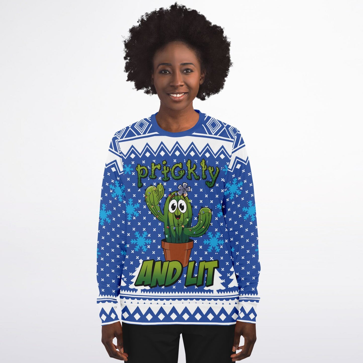 Holiday Ugly Christmas Sweater Sweatshirt PRICKLY AND LIT CACTUS