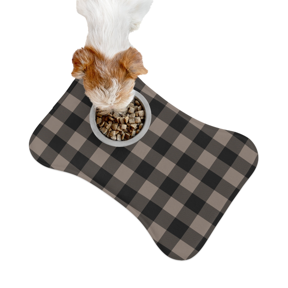 Bone Shape Feeding Mat Taupe And Black Buffalo Plaid, Mat For Dog Bowls, Dog Placemat, Brown Check