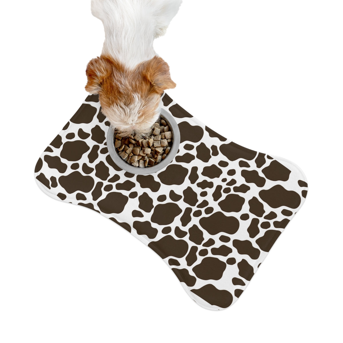 Bone Shape Feeding Mat Brown And White Cow Print, Mat For Dog