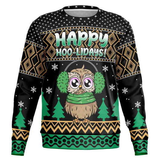 Holiday Ugly Christmas Sweater Sweatshirt Owl HAPPY HOO-LIDAYS!