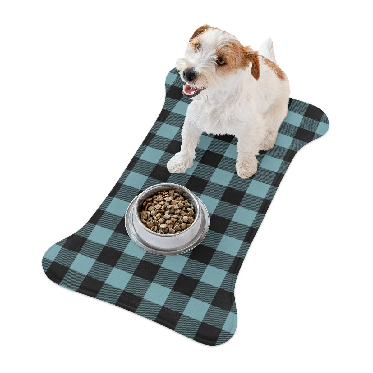 Bone Shape Feeding Mat Buffalo Plaid Blue And Black, Mat For Dog Bowls, Buffalo Check Dog Placemat