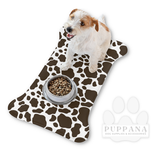 Bone Shape Feeding Mat Brown And White Cow Print, Mat For Dog Bowls