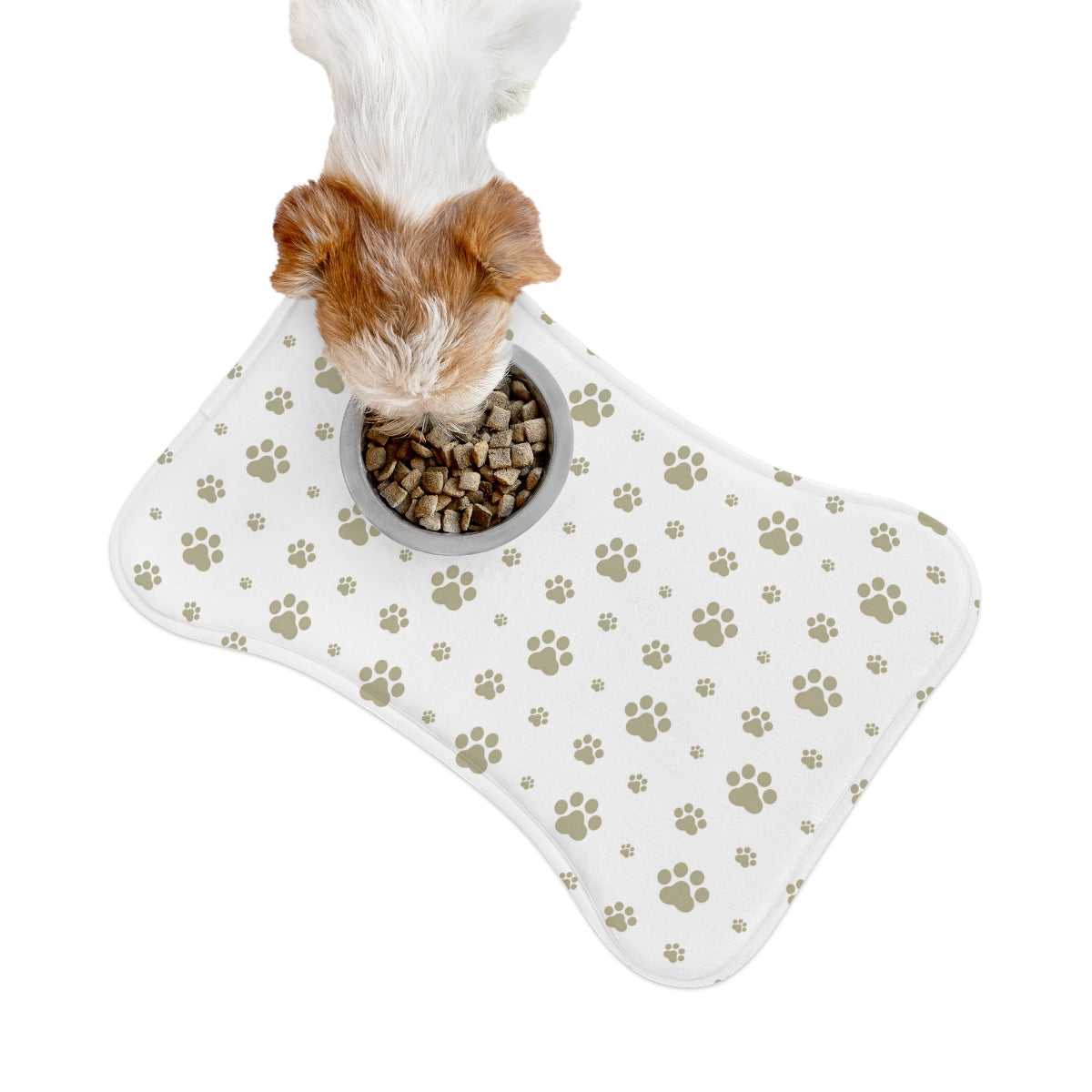 Bone Shape Pet Feeding Mat White With Khaki Paw Prints, For Dog Bowls, Dog Placemat, Dog Paw Print Mat