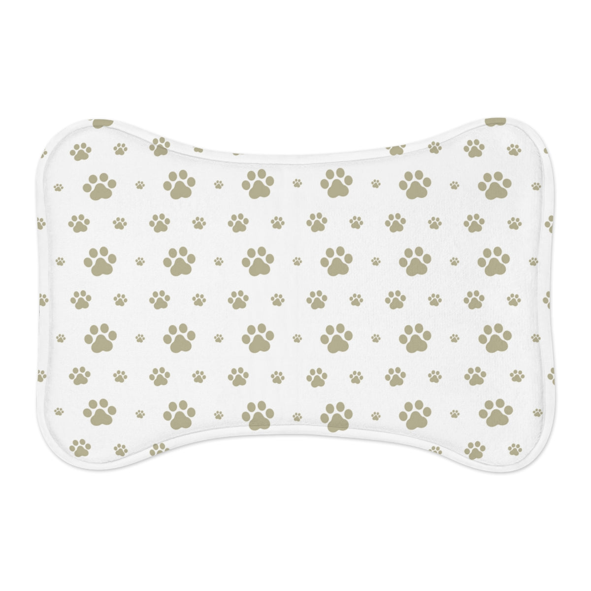 Bone Shape Pet Feeding Mat White With Khaki Paw Prints, For Dog Bowls, Dog Placemat, Dog Paw Print Mat