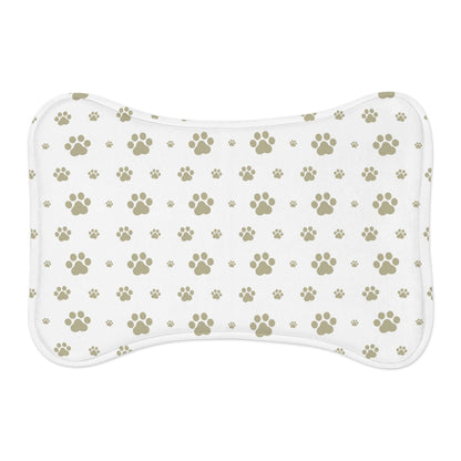 Bone Shape Pet Feeding Mat White With Khaki Paw Prints, For Dog Bowls, Dog Placemat, Dog Paw Print Mat