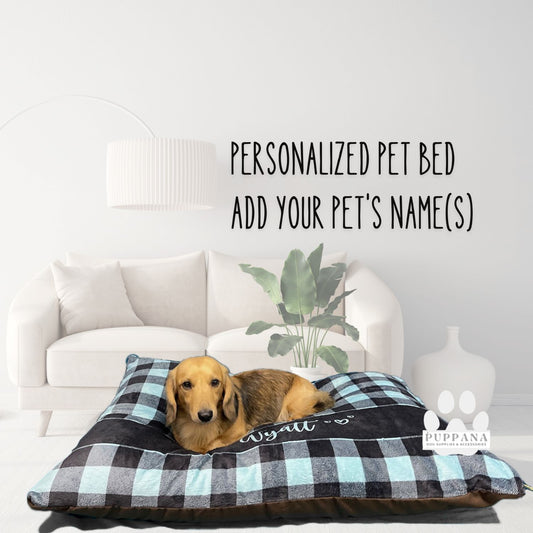 Blue And Black Buffalo Check Personalized Pet Bed