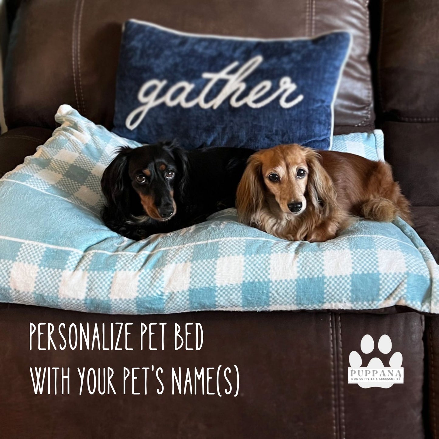 Buffalo Plaid Dog Bed Light Blue Check, Personalize With Your Dog's Name, Pillow Crate Bedding