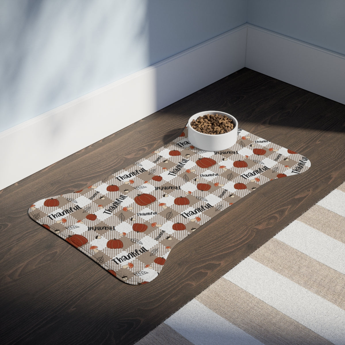 Bone Shape Feeding Mat Thankful Autumn Pumpkins And Tan Check, Mat For Dog Bowls, Thanksgiving Holiday Mat