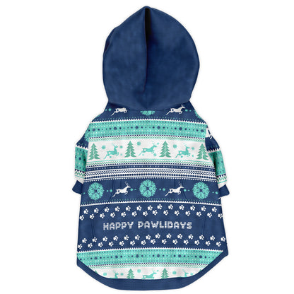 Christmas Holiday Hoodie Knit Look For Dogs Happy Pawlidays in Blues