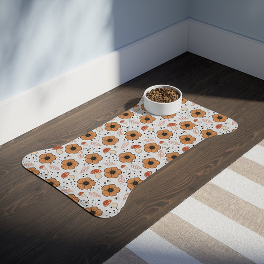 Bone Shape Pet Feeding Mat With Flowers And Mushrooms, Dog Placemat, Mushroom Dog Mat