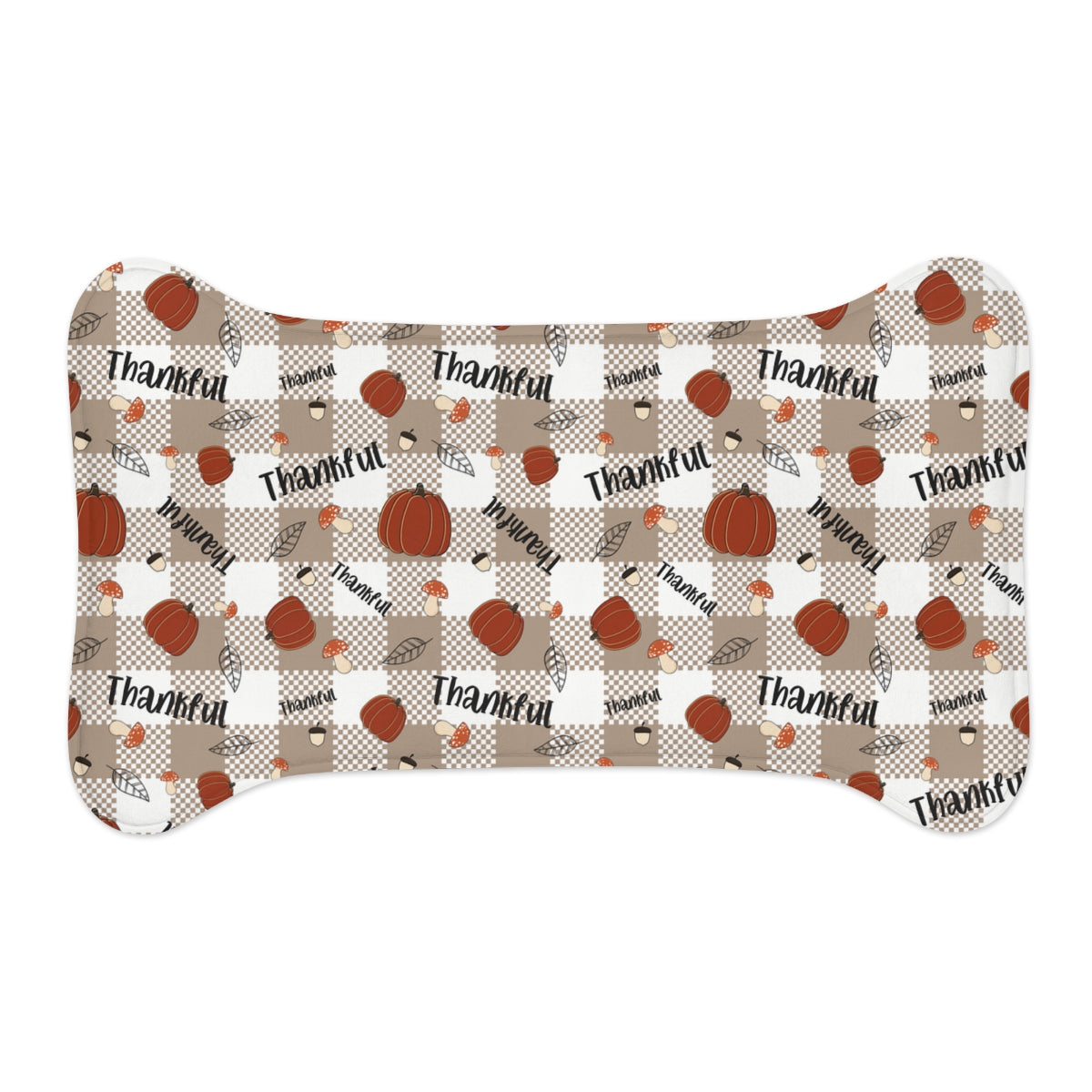 Bone Shape Feeding Mat Thankful Autumn Pumpkins And Tan Check, Mat For Dog Bowls, Thanksgiving Holiday Mat