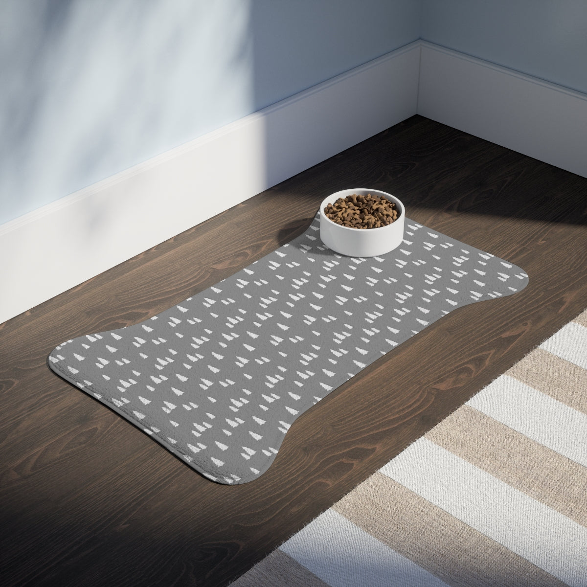 Bone Shape Feeding Mat Grey And White Trees, Mat For Dog Bowls, Christmas Holiday Mat