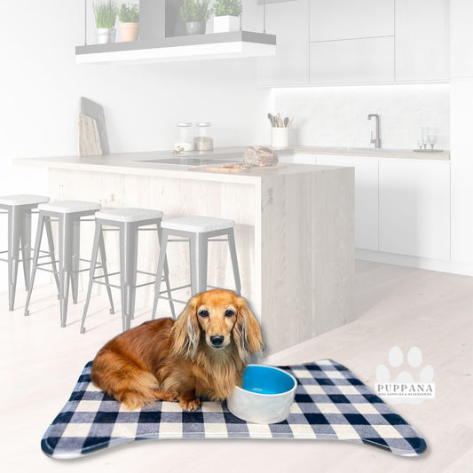 Bone Shape Feeding Mat Black and Cream Buffalo Plaid, Mat For Dog Bowls