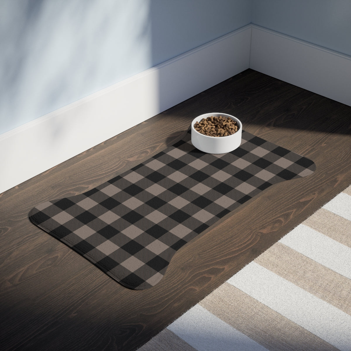 Bone Shape Feeding Mat Taupe And Black Buffalo Plaid, Mat For Dog Bowls, Dog Placemat, Brown Check