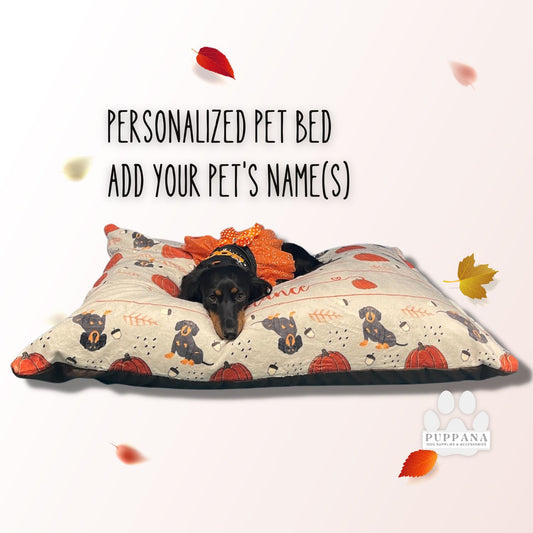 Dachshund Dog Pumpkins Personalized Pet Bed, Doxie Autumn Pet Bed