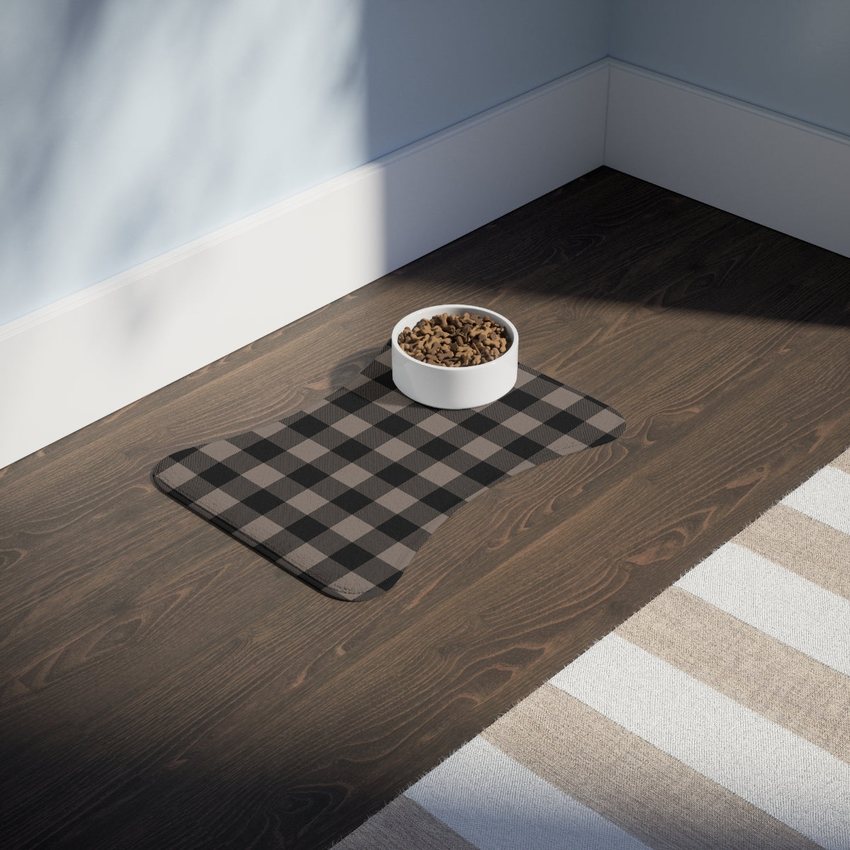 Bone Shape Feeding Mat Taupe And Black Buffalo Plaid, Mat For Dog Bowls, Dog Placemat, Brown Check