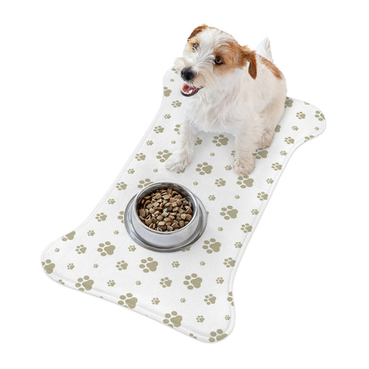 Bone Shape Pet Feeding Mat White With Khaki Paw Prints, For Dog Bowls, Dog Placemat, Dog Paw Print Mat